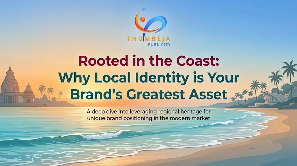 A minimal and professional blog cover image featuring the official Thumbeja Publicity Logo harmonized with a coastal branding aesthetic. The visual composition uses a clean, uncluttered layout with soft sunset gradients and subtle vector line art rep
