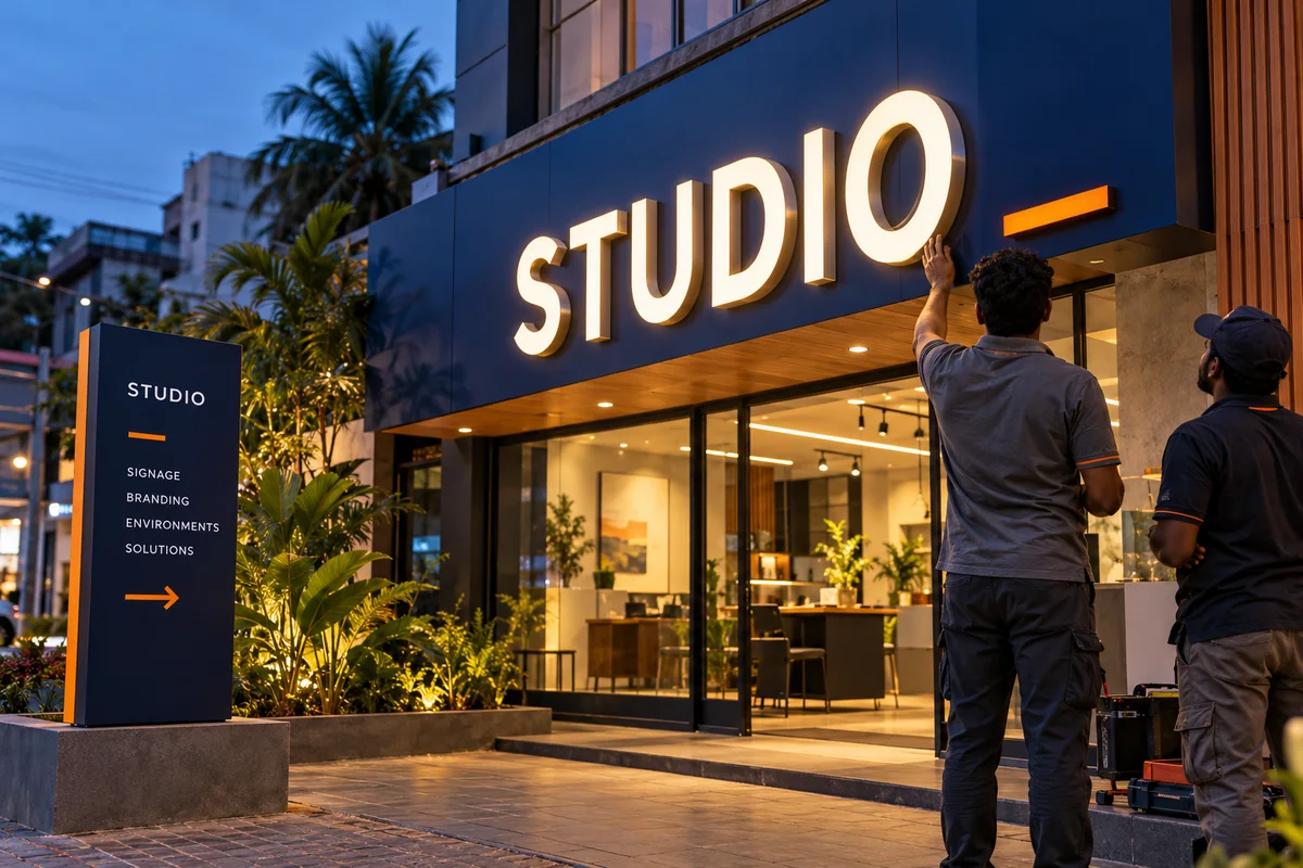 Concept illustration of illuminated shopfront letters and directional signage.